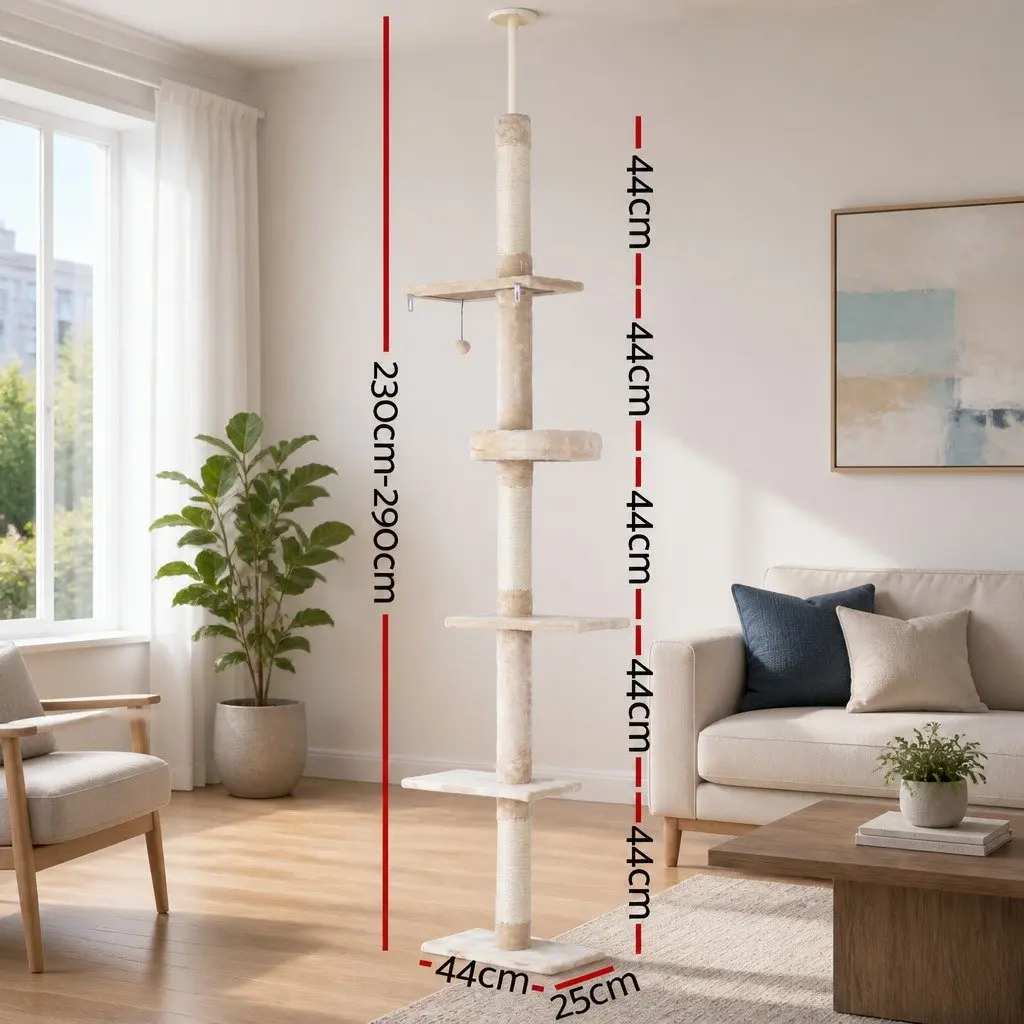 Cat Tree Beige 290cm Floor to Ceiling Tower 5 Platform Levels Scratching Post Bed