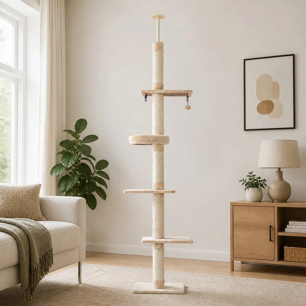 Cat Tree Beige 290cm Floor to Ceiling Tower 5 Platform Levels Scratching Post Bed