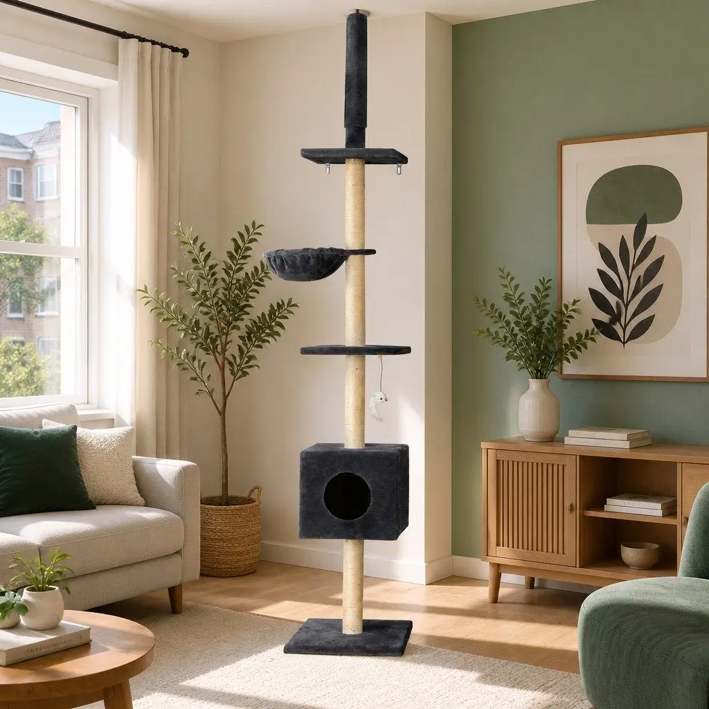 Cat Tree Tower Dark Grey 260cm Floor to Ceiling 4 Platform Levels Scratching Post