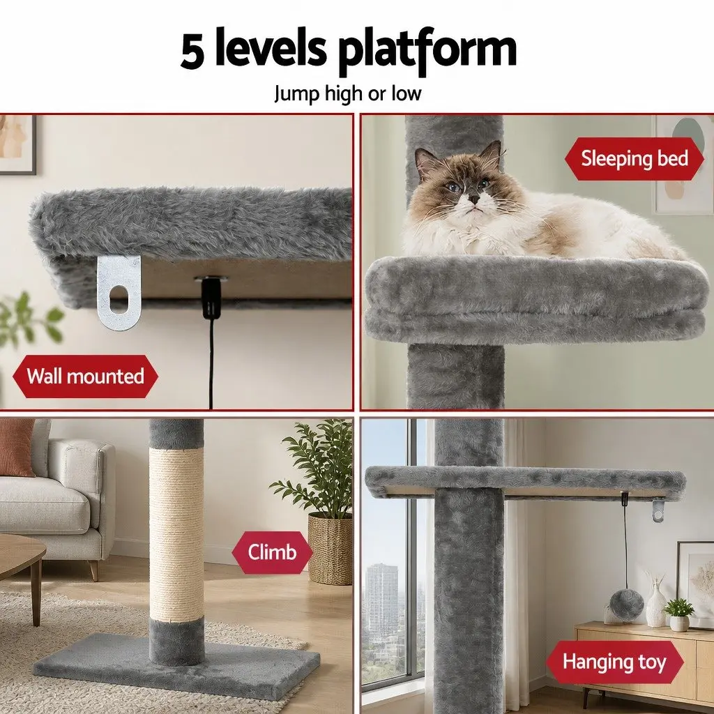Cat Tree Grey 290cm Floor to Ceiling 5 Levels Plush Cover Scratching Post Tower