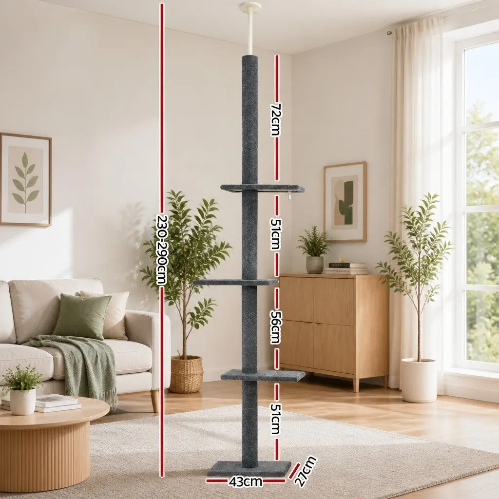 Cat Tree Floor to Ceiling 290cm Scratching Post Tower 4 Platforms Grey