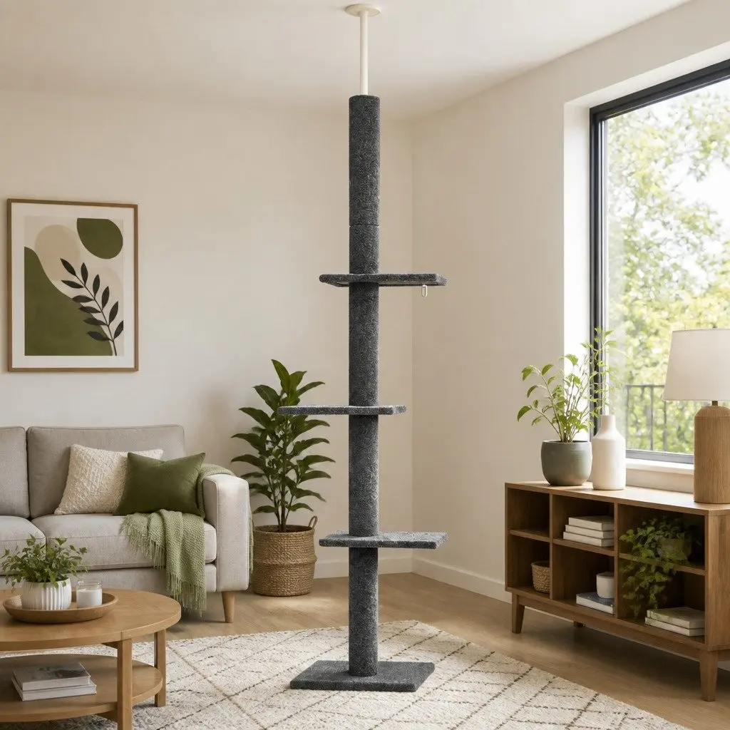 Cat Tree Floor to Ceiling 290cm Scratching Post Tower 4 Platforms Grey