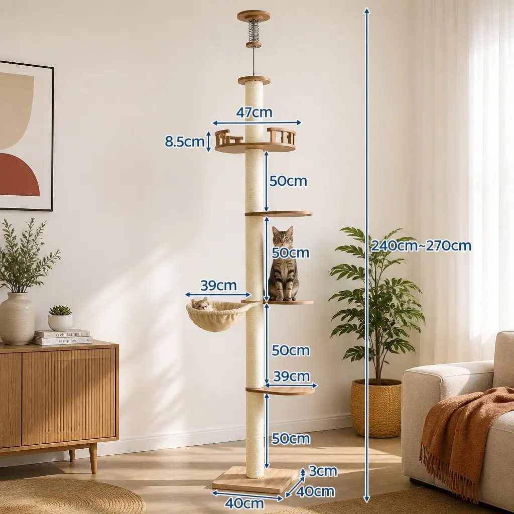 Cat Scratching Post Beige 270cm Floor to Ceiling Multi-Level Platform