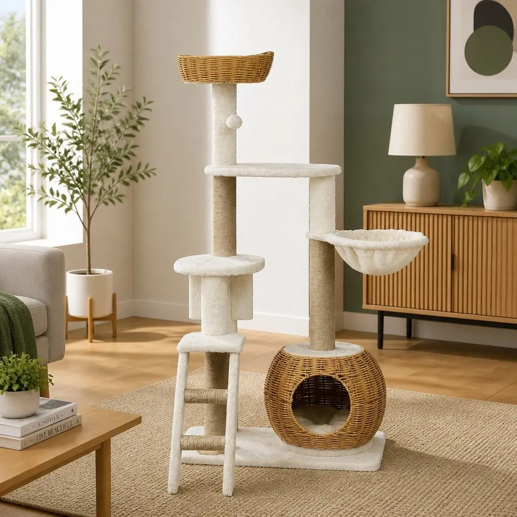 Cat Tree Beige and Brown 138cm Multi-Level Scratching Post with Rattan Cubby and Fabric Tunnel