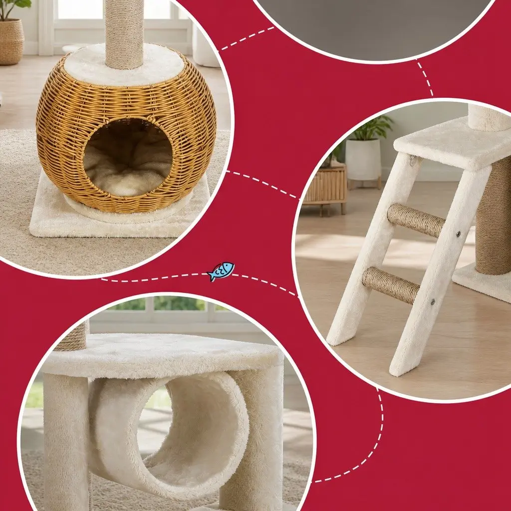 Cat Tree Beige and Brown 138cm Multi-Level Scratching Post with Rattan Cubby and Fabric Tunnel