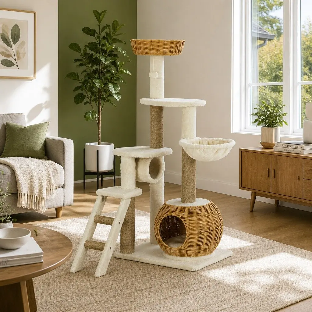 Cat Tree Beige and Brown 138cm Multi-Level Scratching Post with Rattan Cubby and Fabric Tunnel