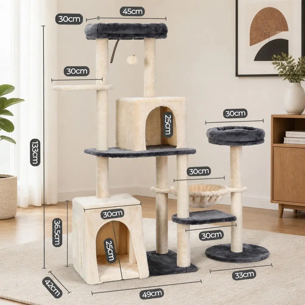 Cat Tree Tower Grey Beige 133cm Rotatable L-Shape Multi-Level Furniture