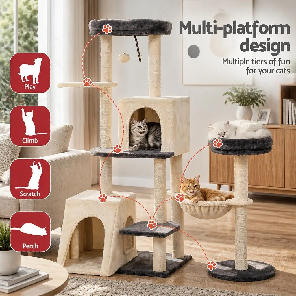 Cat Tree Tower Grey Beige 133cm Rotatable L-Shape Multi-Level Furniture