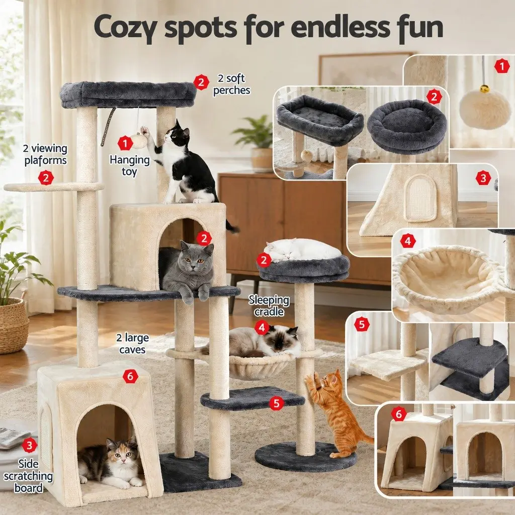 Cat Tree Tower Grey Beige 133cm Rotatable L-Shape Multi-Level Furniture