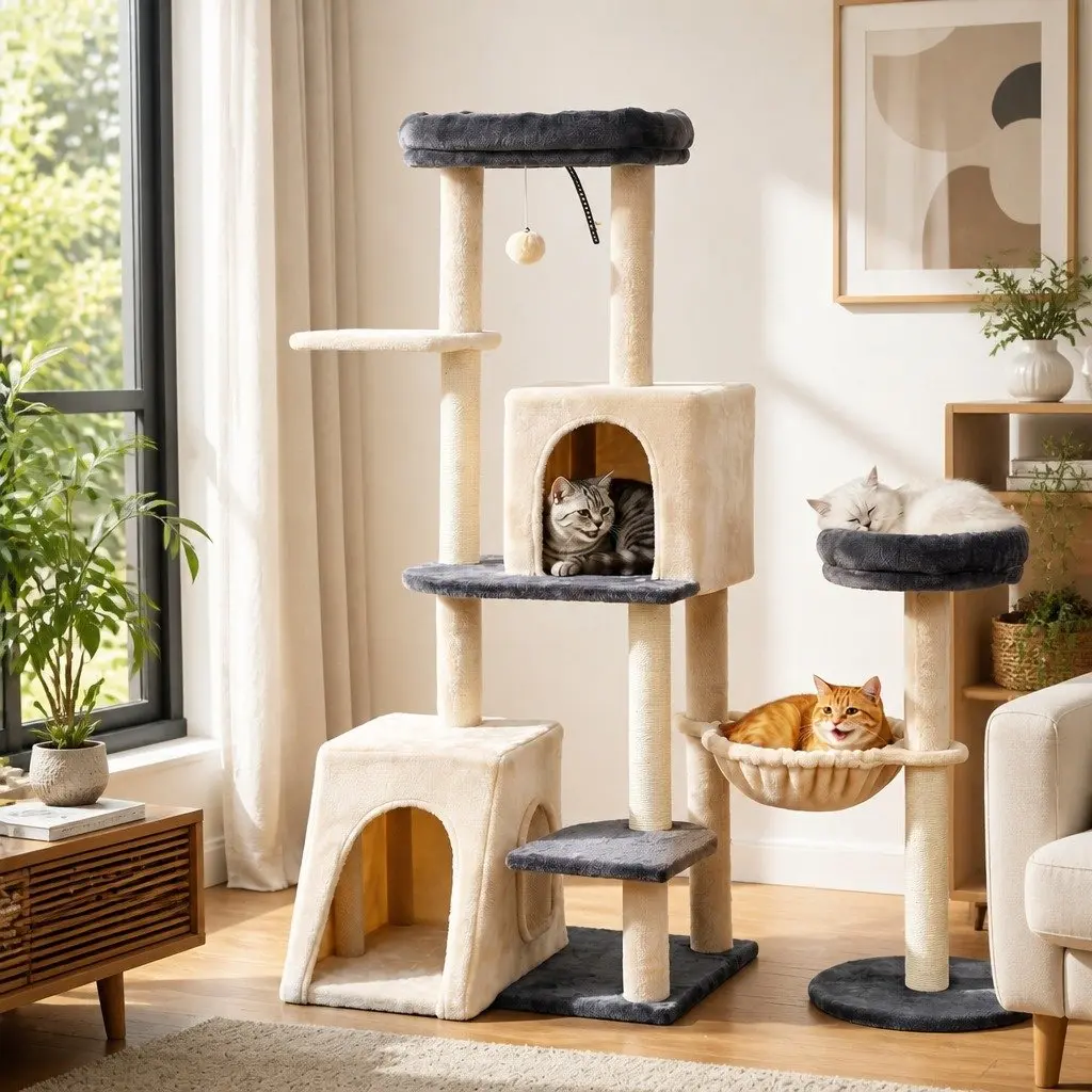 Cat Tree Tower Grey Beige 133cm Rotatable L-Shape Multi-Level Furniture
