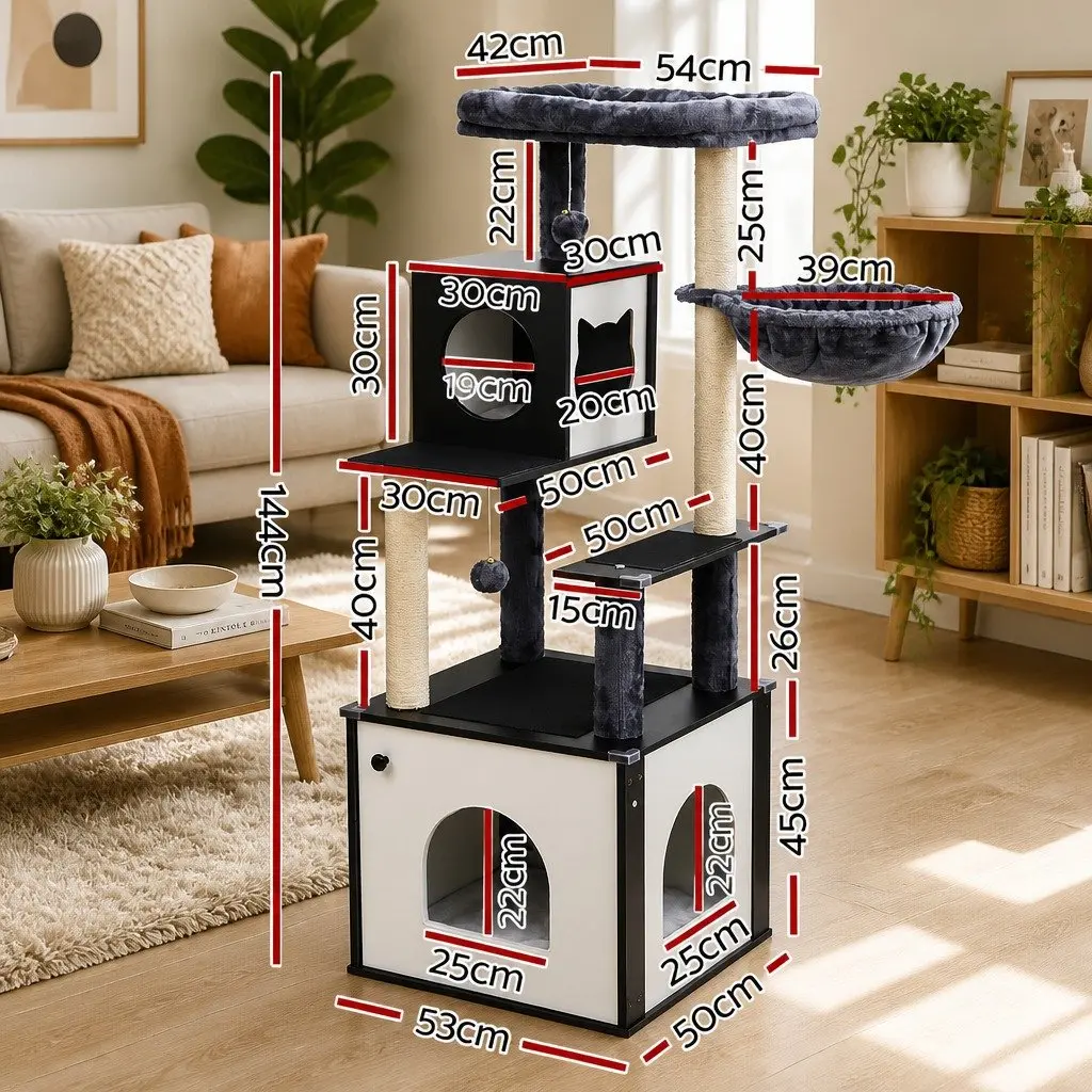Cat Tree Tower Black 144cm Multi-Tiered Wooden Scratching Post Condo Bed Furniture