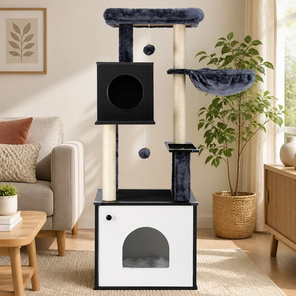 Cat Tree Tower Black 144cm Multi-Tiered Wooden Scratching Post Condo Bed Furniture