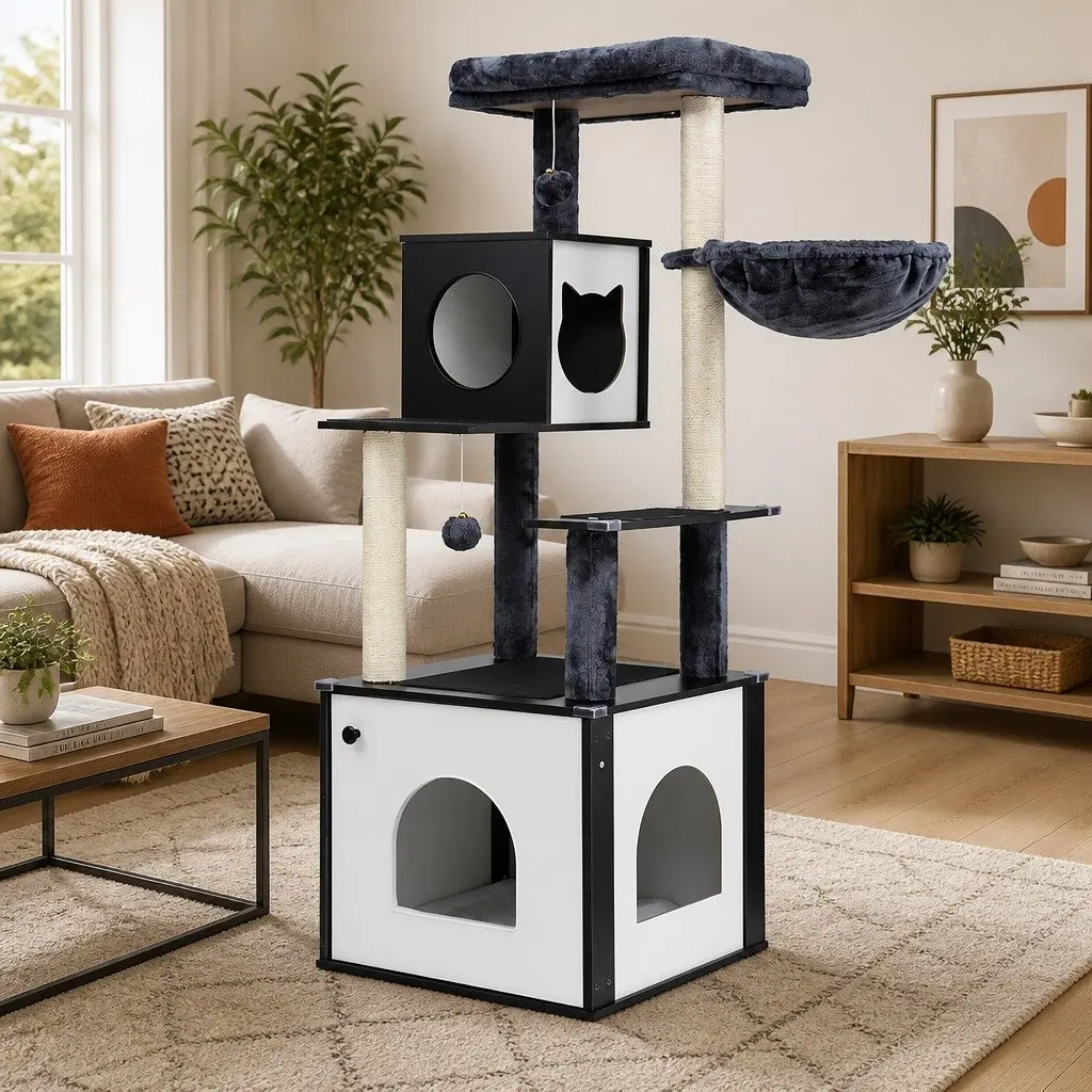 Cat Tree Tower Black 144cm Multi-Tiered Wooden Scratching Post Condo Bed Furniture