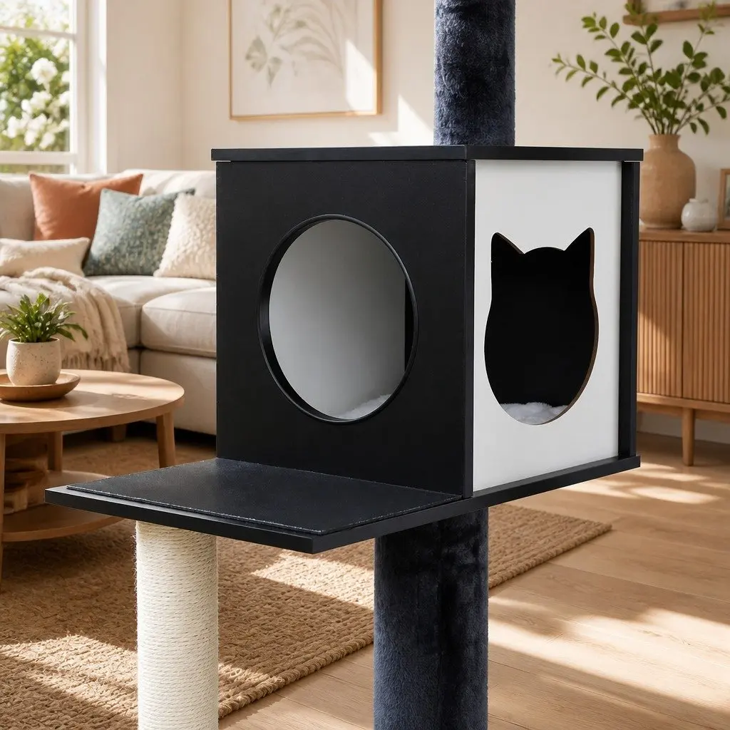 Cat Tree Tower Black 144cm Multi-Tiered Wooden Scratching Post Condo Bed Furniture