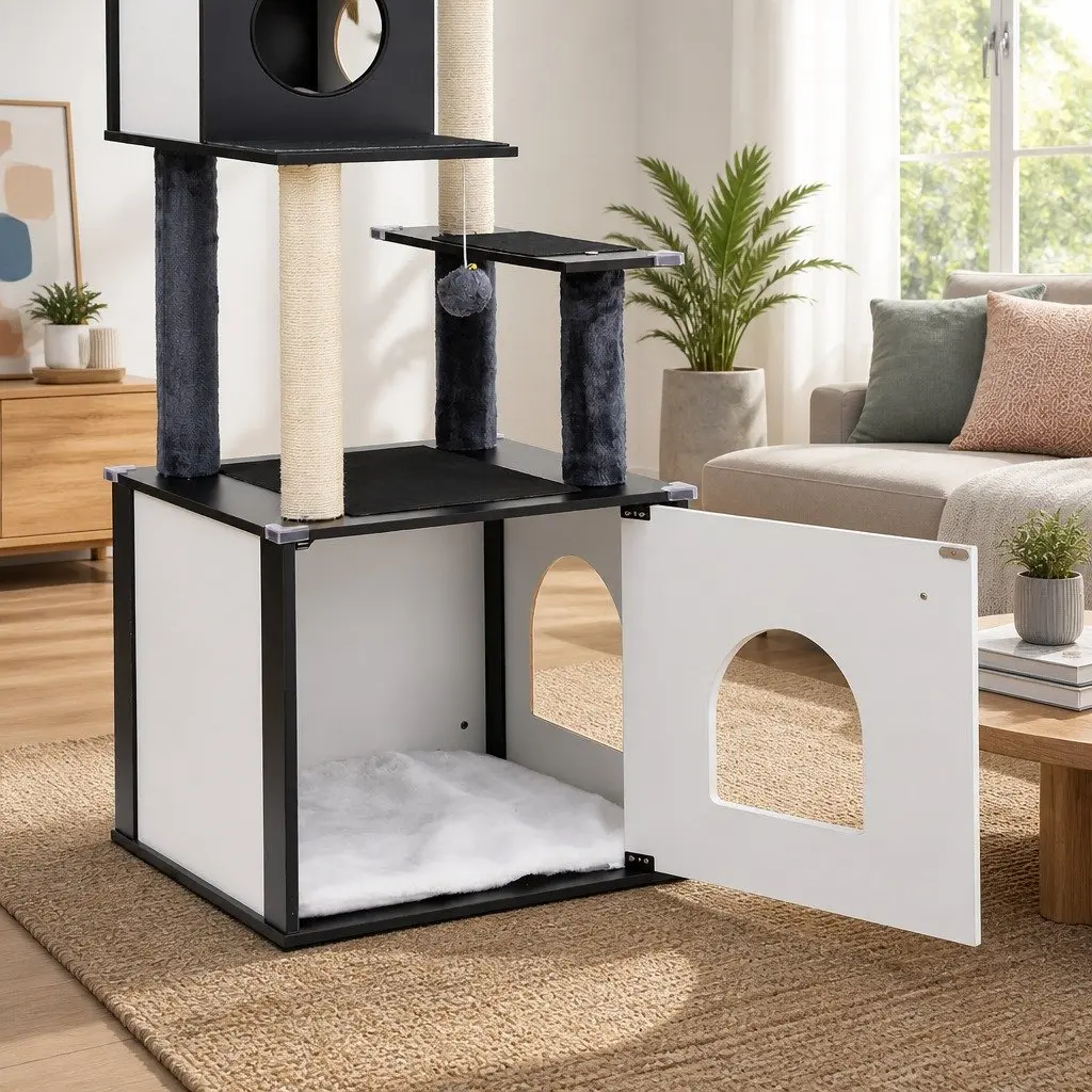 Cat Tree Tower Black 144cm Multi-Tiered Wooden Scratching Post Condo Bed Furniture