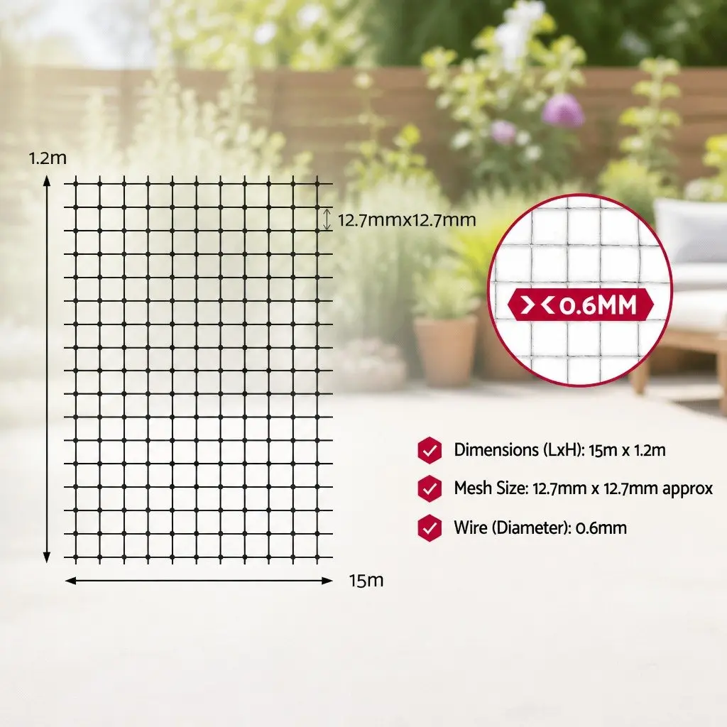 Welded Wire Mesh Silver 15m x 1.2m Anti-Rust Cross-Wire Pattern for Poultry Garden Pet Coop Fencing