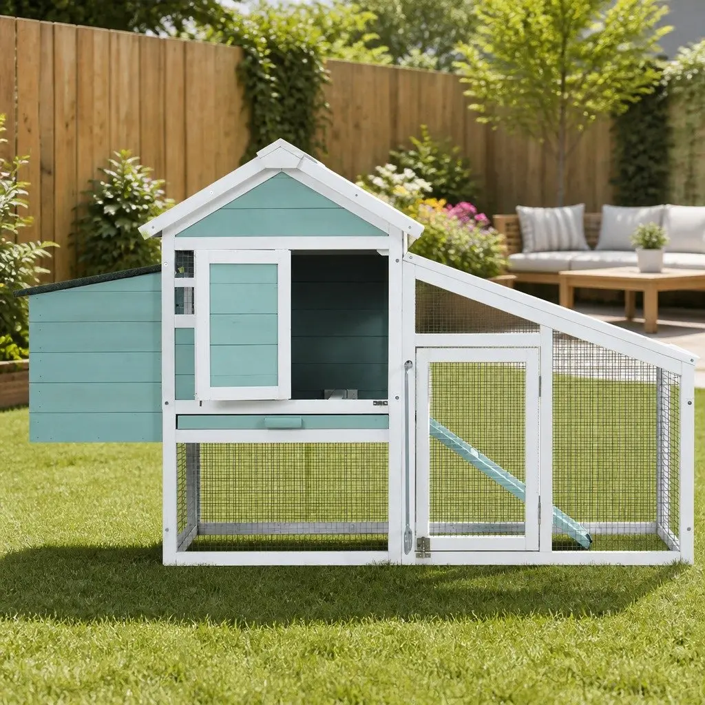 Wooden Chicken Coop Green and White 150cm Large Pet House with Integrated Ground Enclosed Play Area and Slide-out Tray