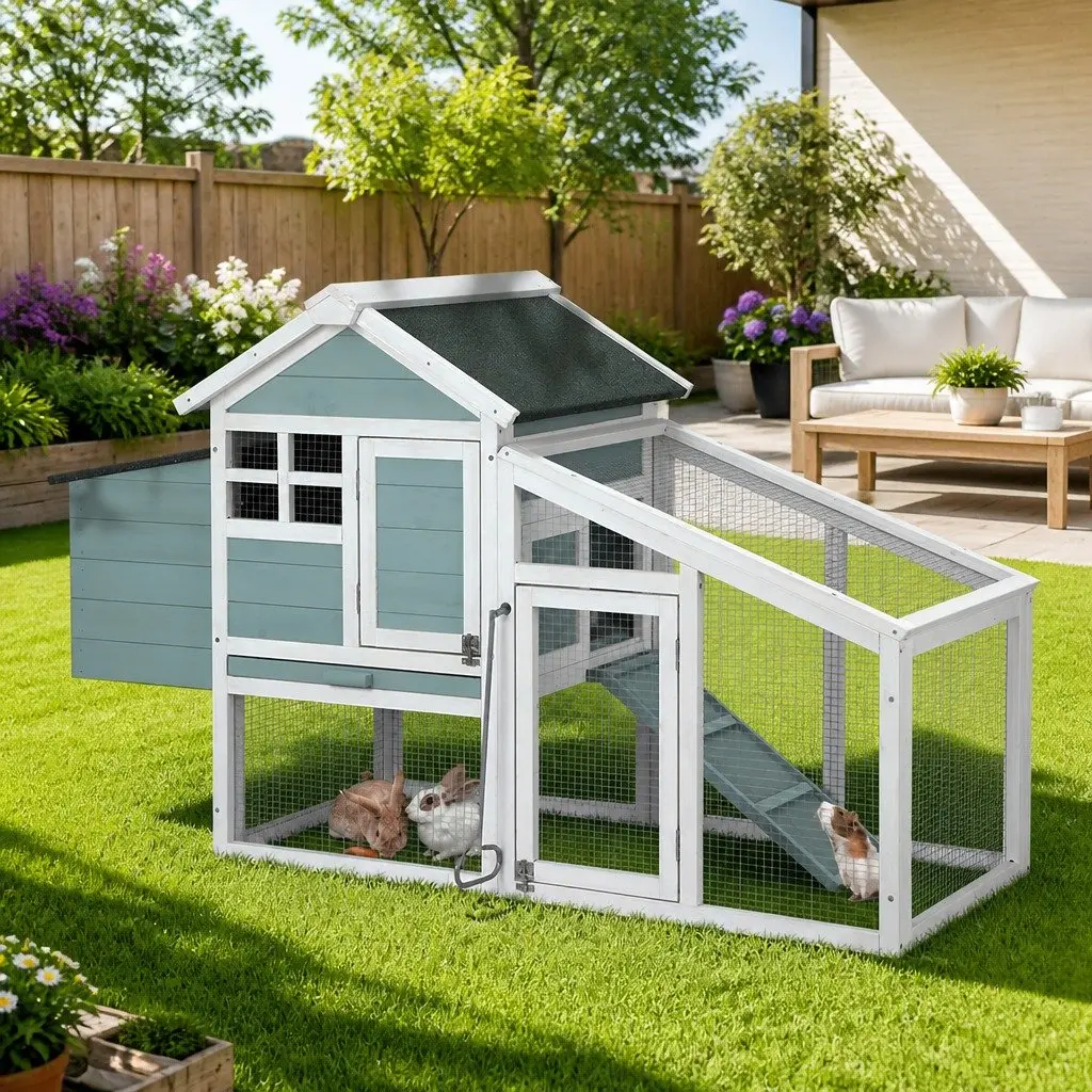 Wooden Chicken Coop Green and White 150cm Large Pet House with Integrated Ground Enclosed Play Area and Slide-out Tray
