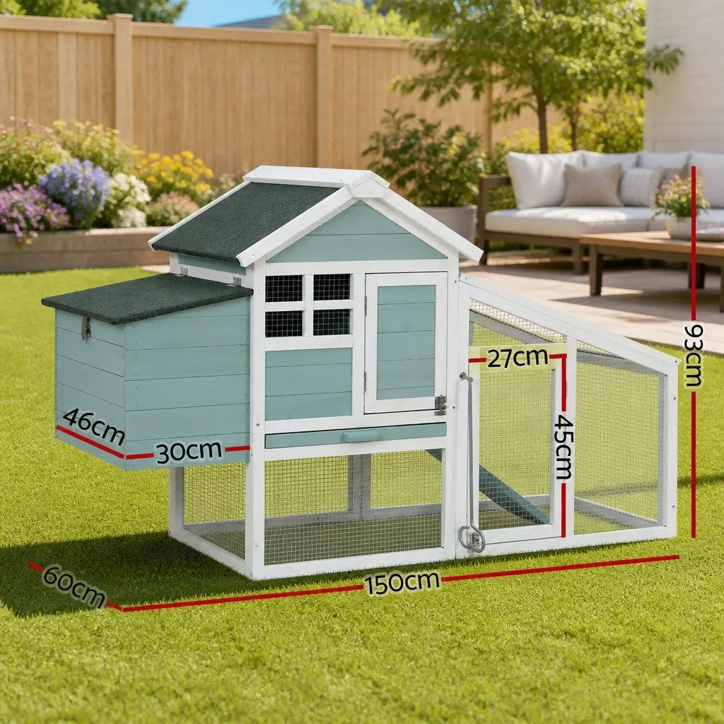 Wooden Chicken Coop Green and White 150cm Large Pet House with Integrated Ground Enclosed Play Area and Slide-out Tray
