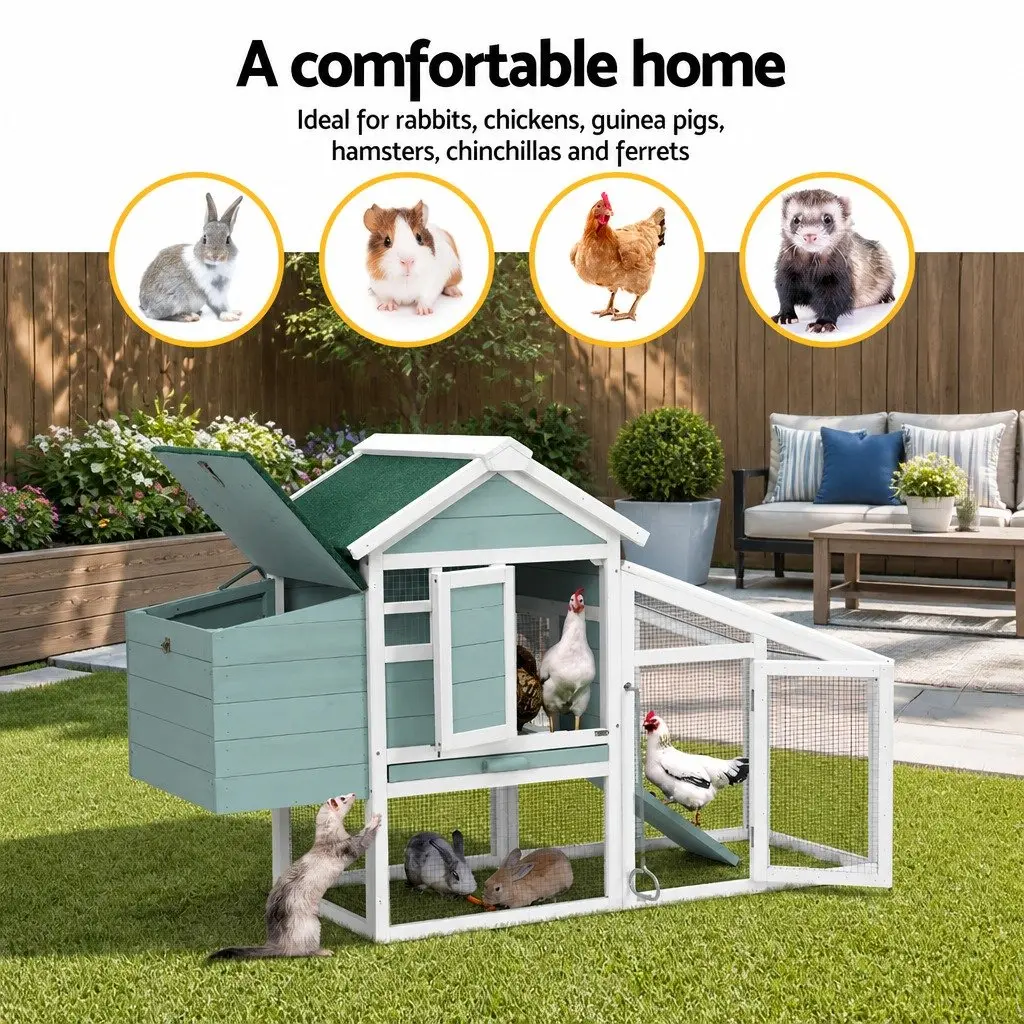 Wooden Chicken Coop Green and White 150cm Large Pet House with Integrated Ground Enclosed Play Area and Slide-out Tray
