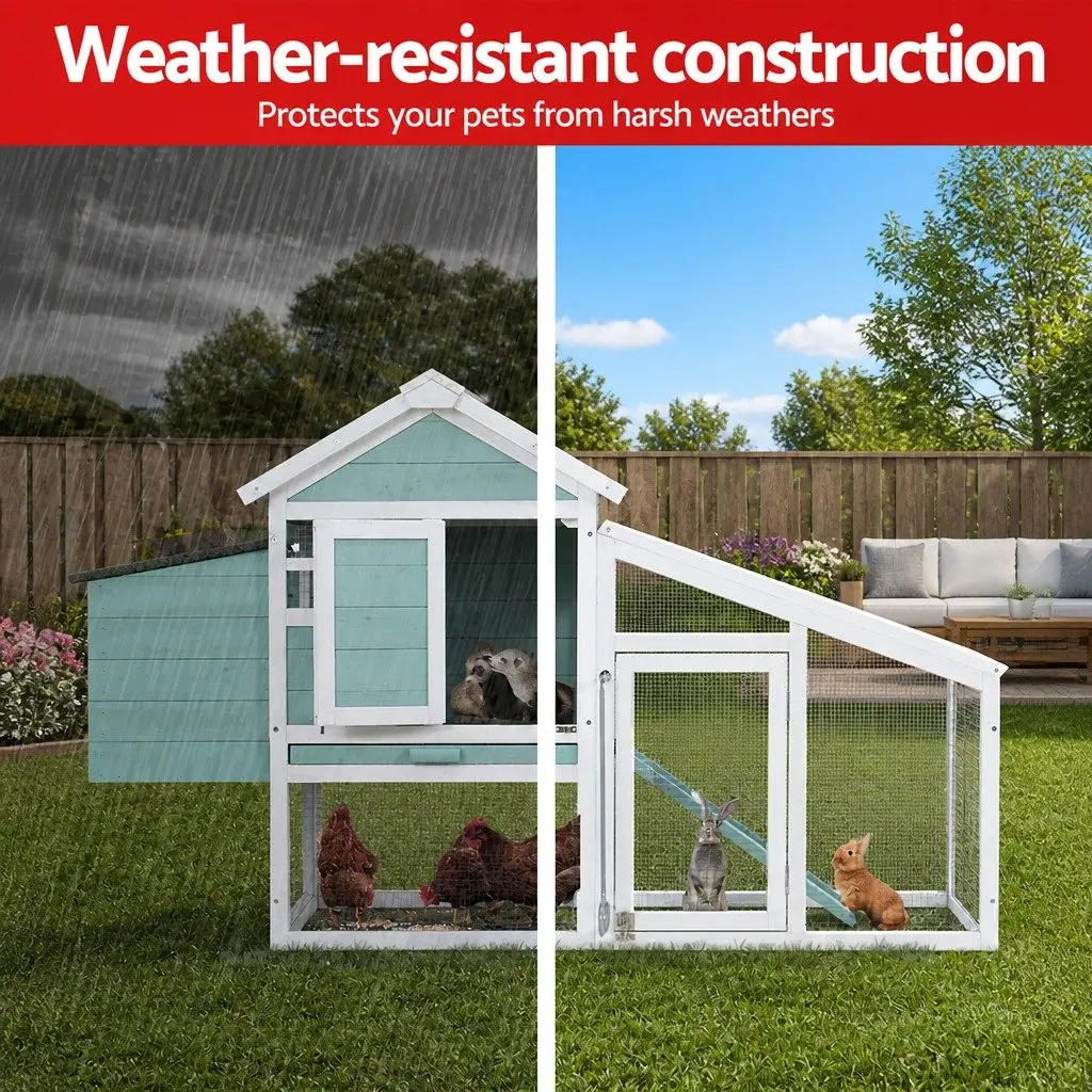 Wooden Chicken Coop Green and White 150cm Large Pet House with Integrated Ground Enclosed Play Area and Slide-out Tray