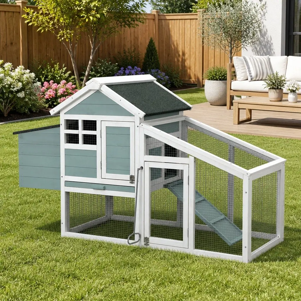 Wooden Chicken Coop Green and White 150cm Large Pet House with Integrated Ground Enclosed Play Area and Slide-out Tray
