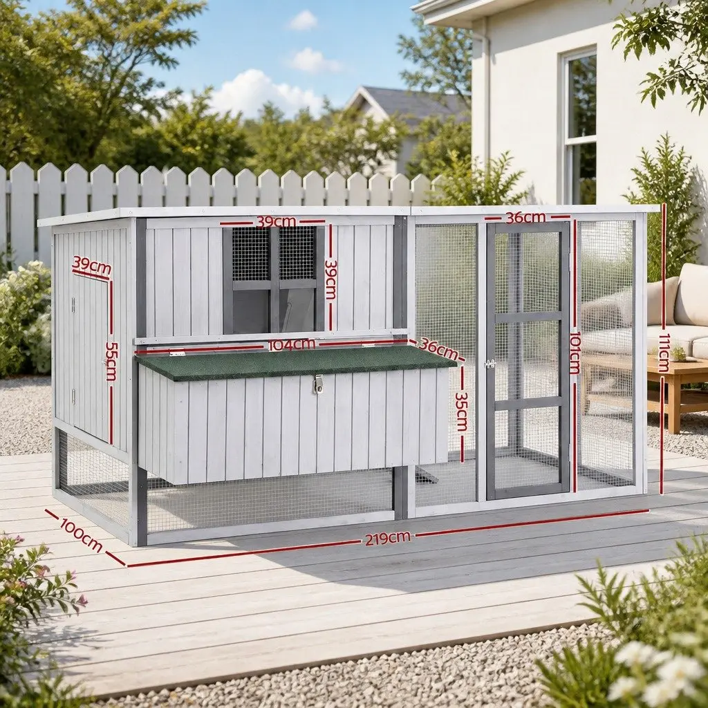 Chicken Coop Light Grey 219cm Wooden Frame Outdoor Enclosure with Nesting Box and Ramp