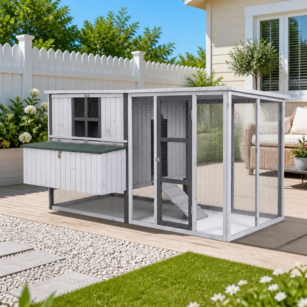 Chicken Coop Light Grey 219cm Wooden Frame Outdoor Enclosure with Nesting Box and Ramp
