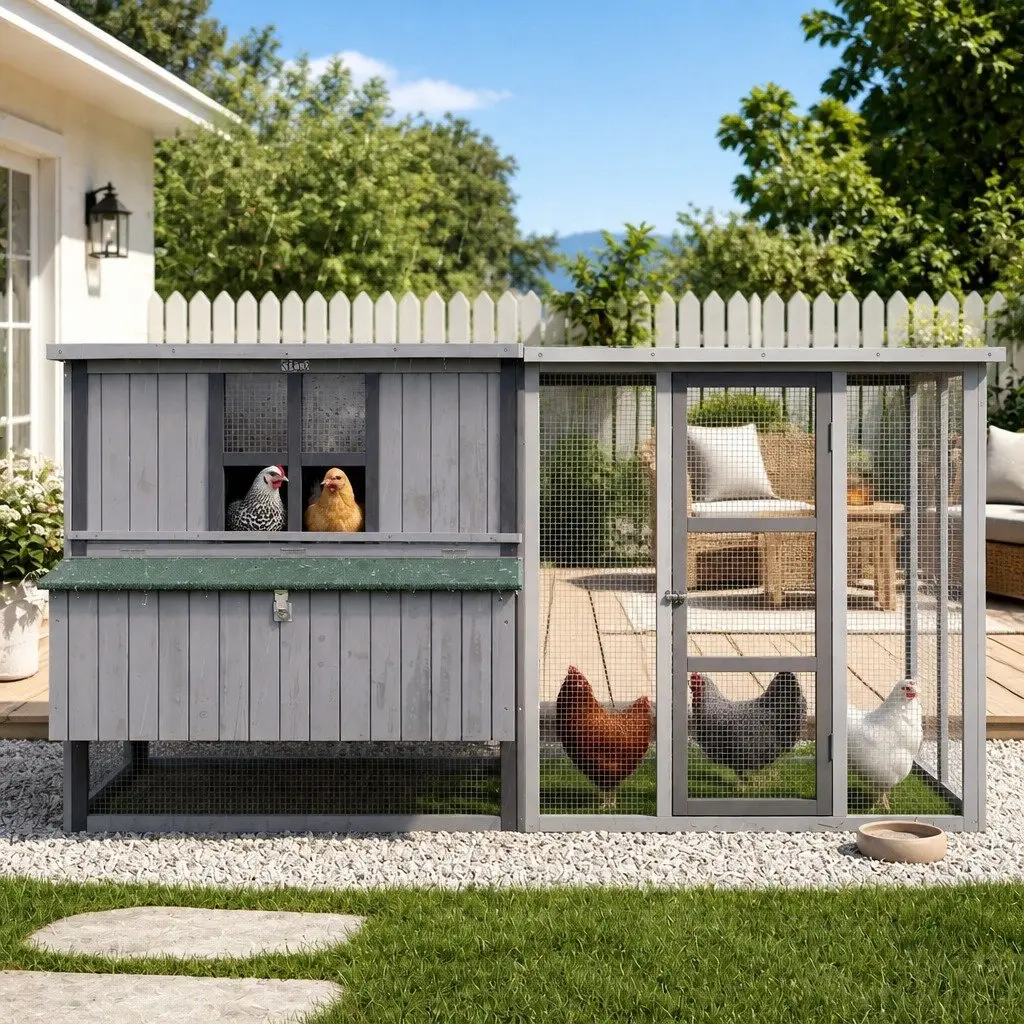 Chicken Coop Light Grey 219cm Wooden Frame Outdoor Enclosure with Nesting Box and Ramp