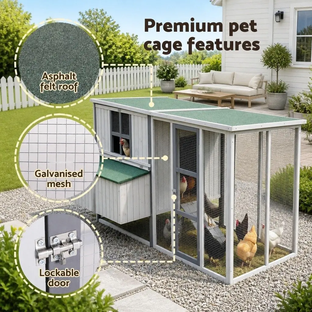Chicken Coop Light Grey 219cm Wooden Frame Outdoor Enclosure with Nesting Box and Ramp