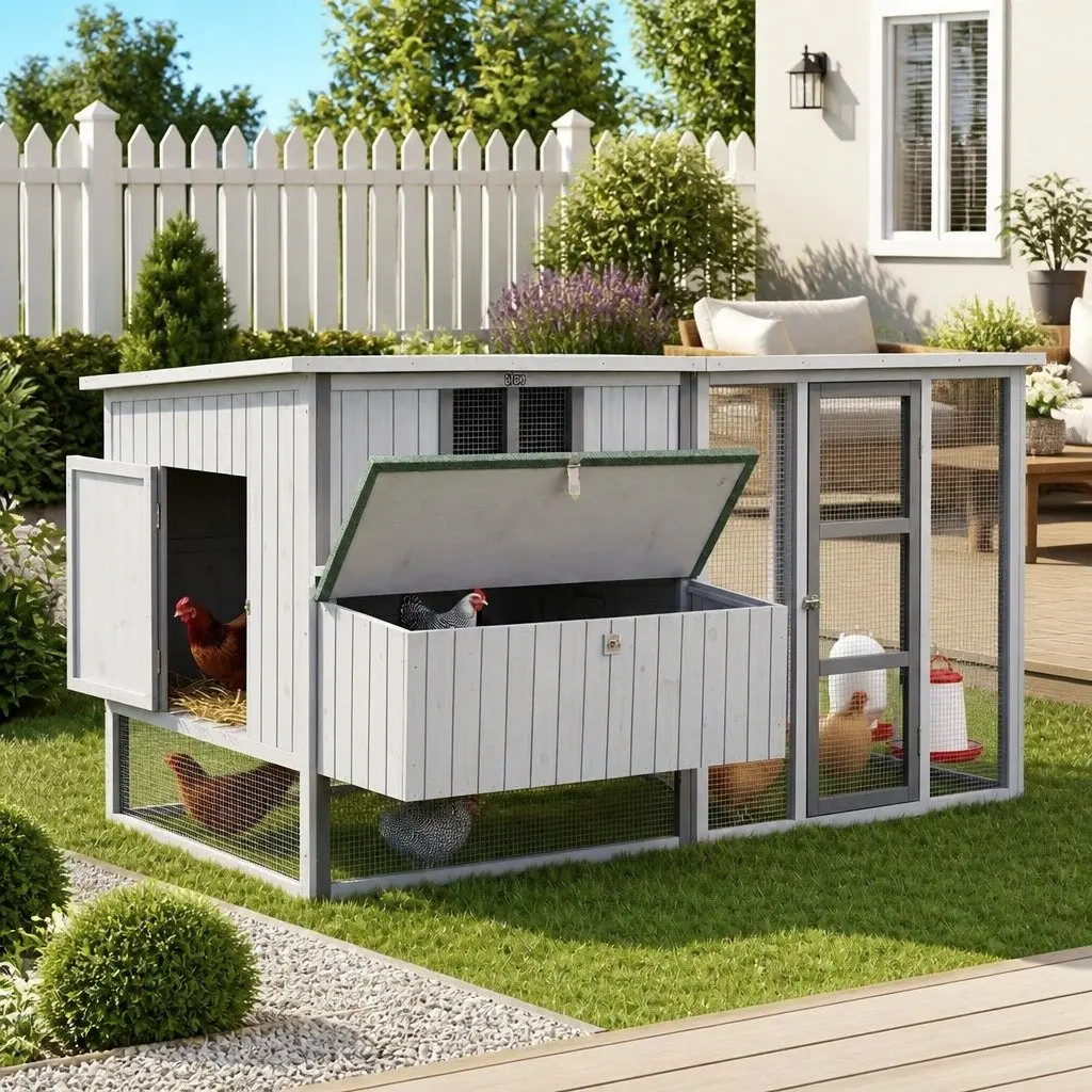 Chicken Coop Light Grey 219cm Wooden Frame Outdoor Enclosure with Nesting Box and Ramp
