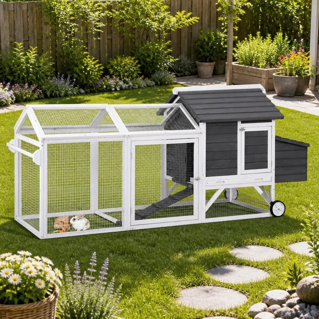 Wooden Chicken Coop Grey and White Extra Large Outdoor Run with Hatching Box and Wheels