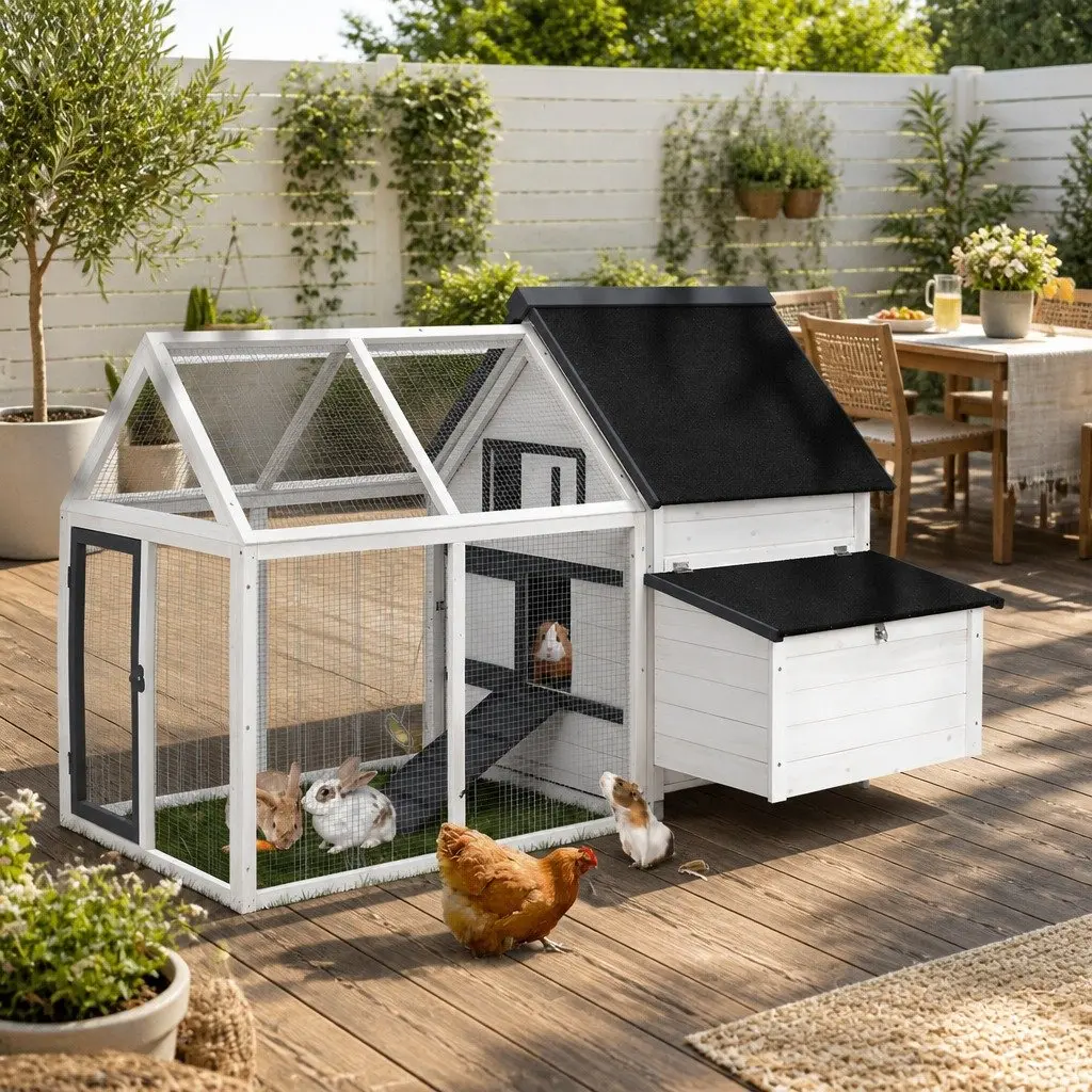 Wooden Chicken Coop Rabbit Hutch Black and White 166cm x 120cm Spacious Enclosure with Integrated Ground Play Area and Foldable Ramp