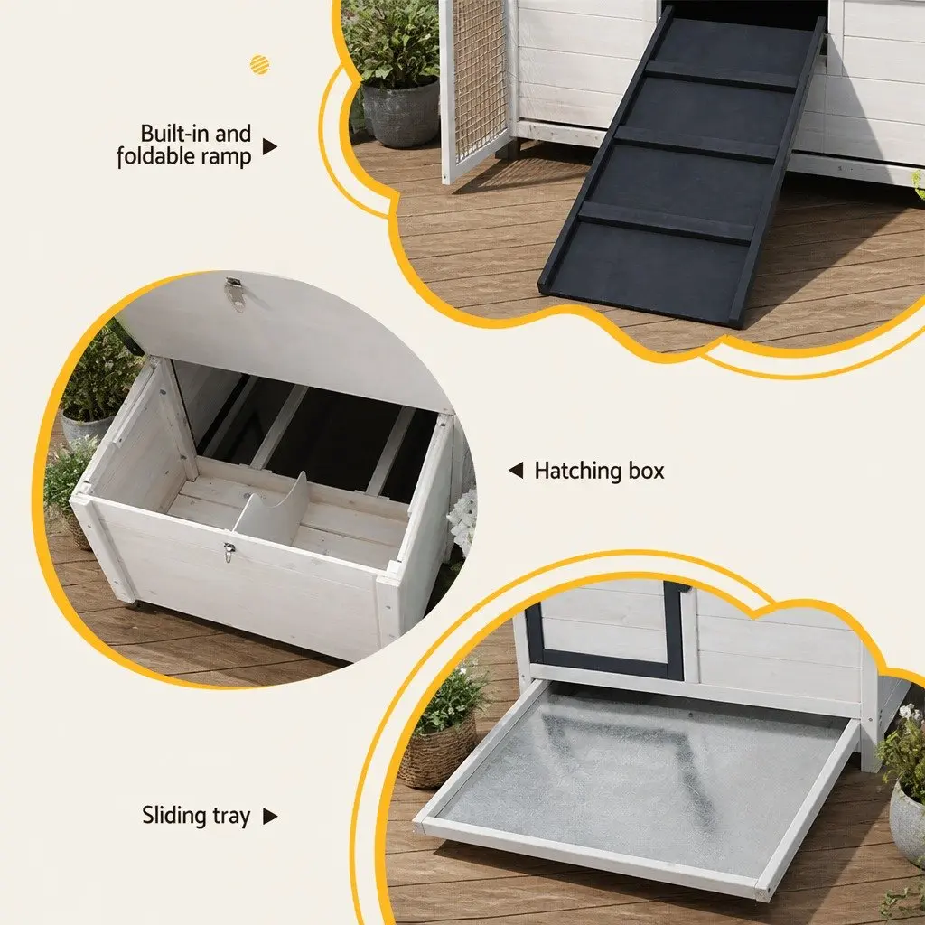 Wooden Chicken Coop Rabbit Hutch Black and White 166cm x 120cm Spacious Enclosure with Integrated Ground Play Area and Foldable Ramp