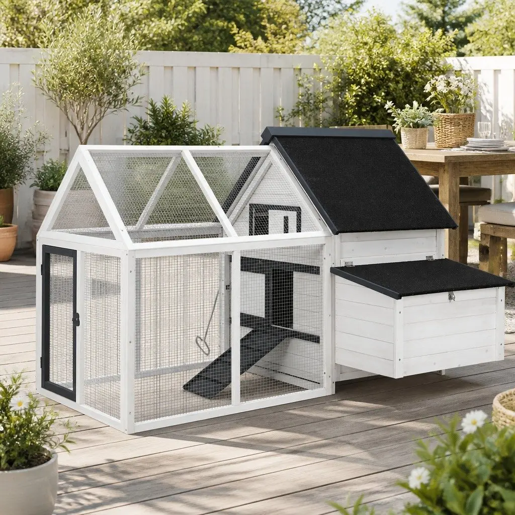 Wooden Chicken Coop Rabbit Hutch Black and White 166cm x 120cm Spacious Enclosure with Integrated Ground Play Area and Foldable Ramp