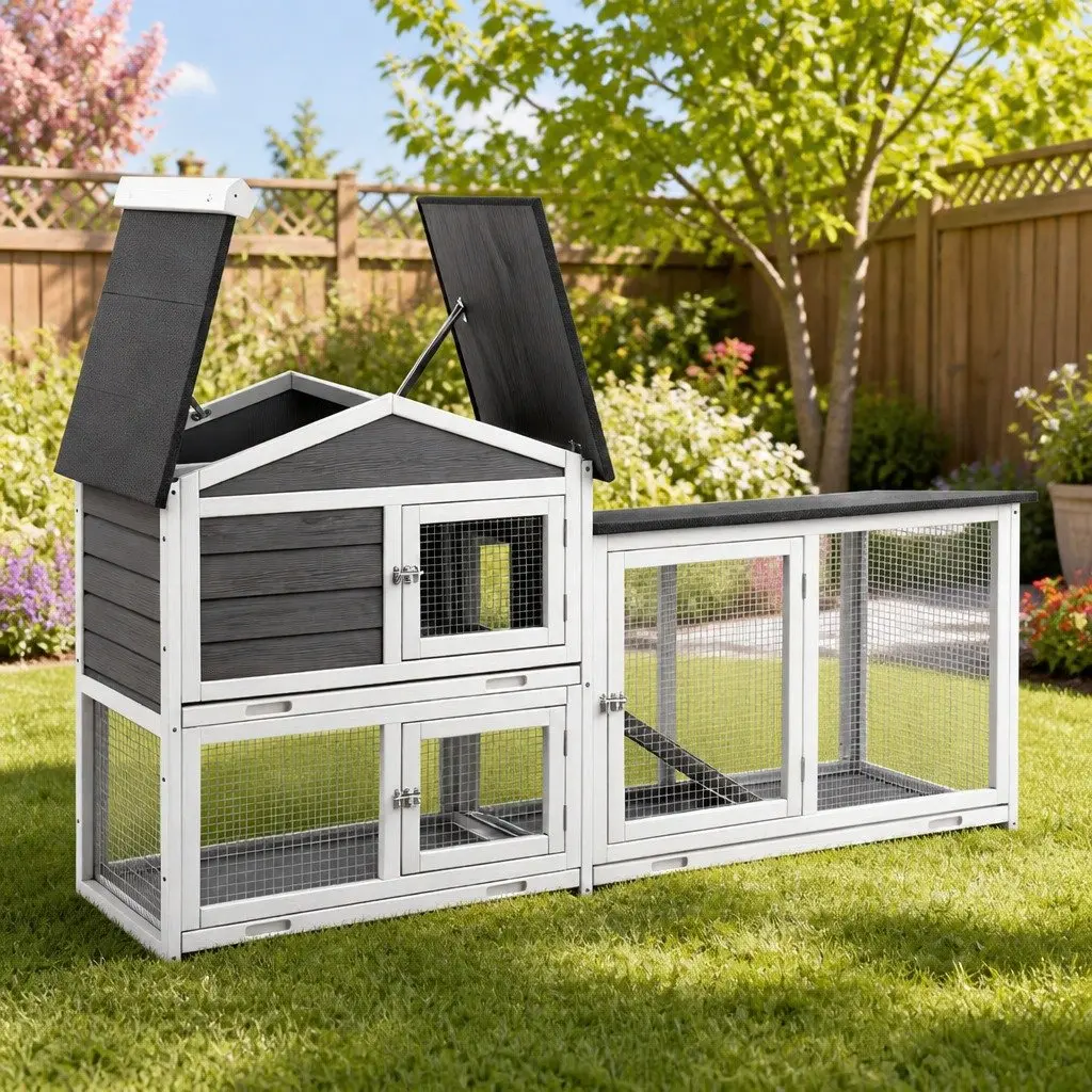 Wooden Chicken Coop Rabbit Hutch Extra Large Grey White with Ramp Door