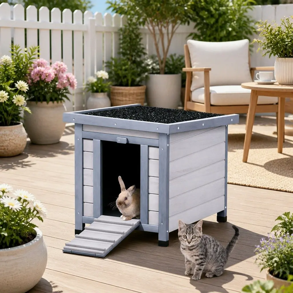 Outdoor Cat House Wooden Shelter Rabbit Hutch Small Animal Enclosure Condo