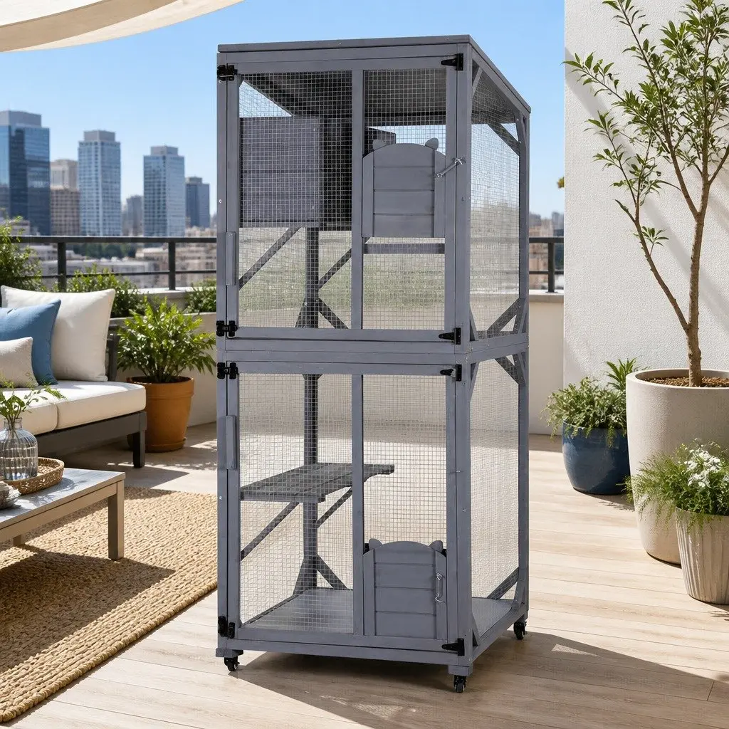 Cat House Grey Wooden 180cm Multi-Tier Pet Hutch with Climbing Space and Top Rest House