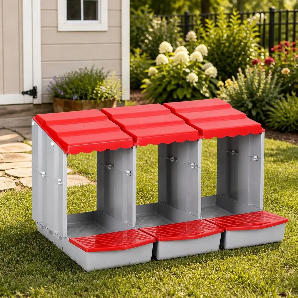Chicken Nesting Box Red 3 Hole Roll Away Egg Collection System