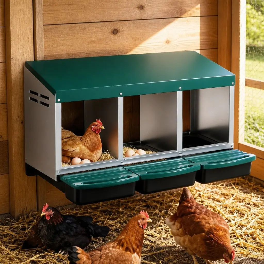 Chicken Nesting Box Roll Away 3 Holes Wall Mounted Nest Box Green Galvanized