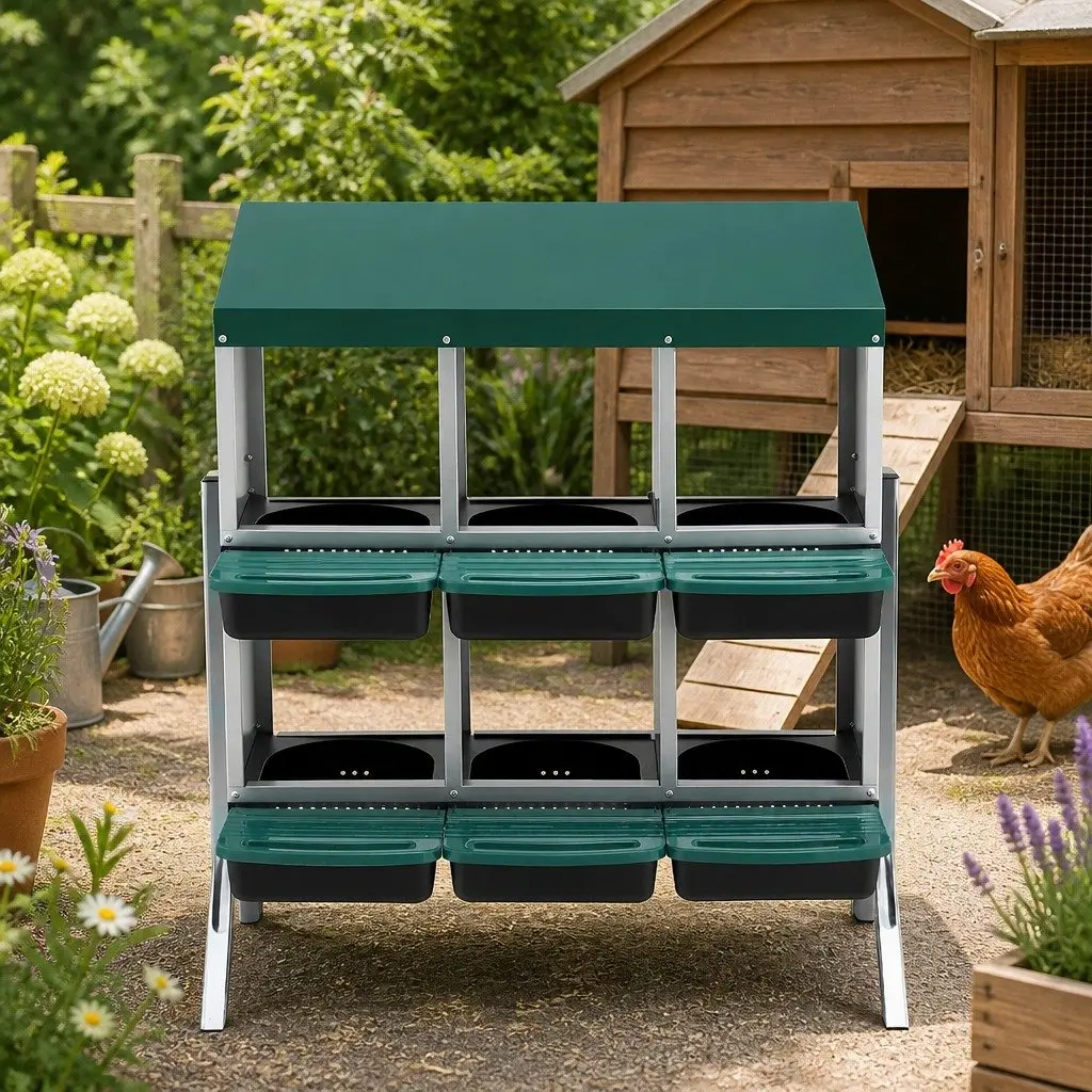 Chicken Nesting Box 6 Holes Roll Away Metal Wall Mounted Green Automatic Egg
