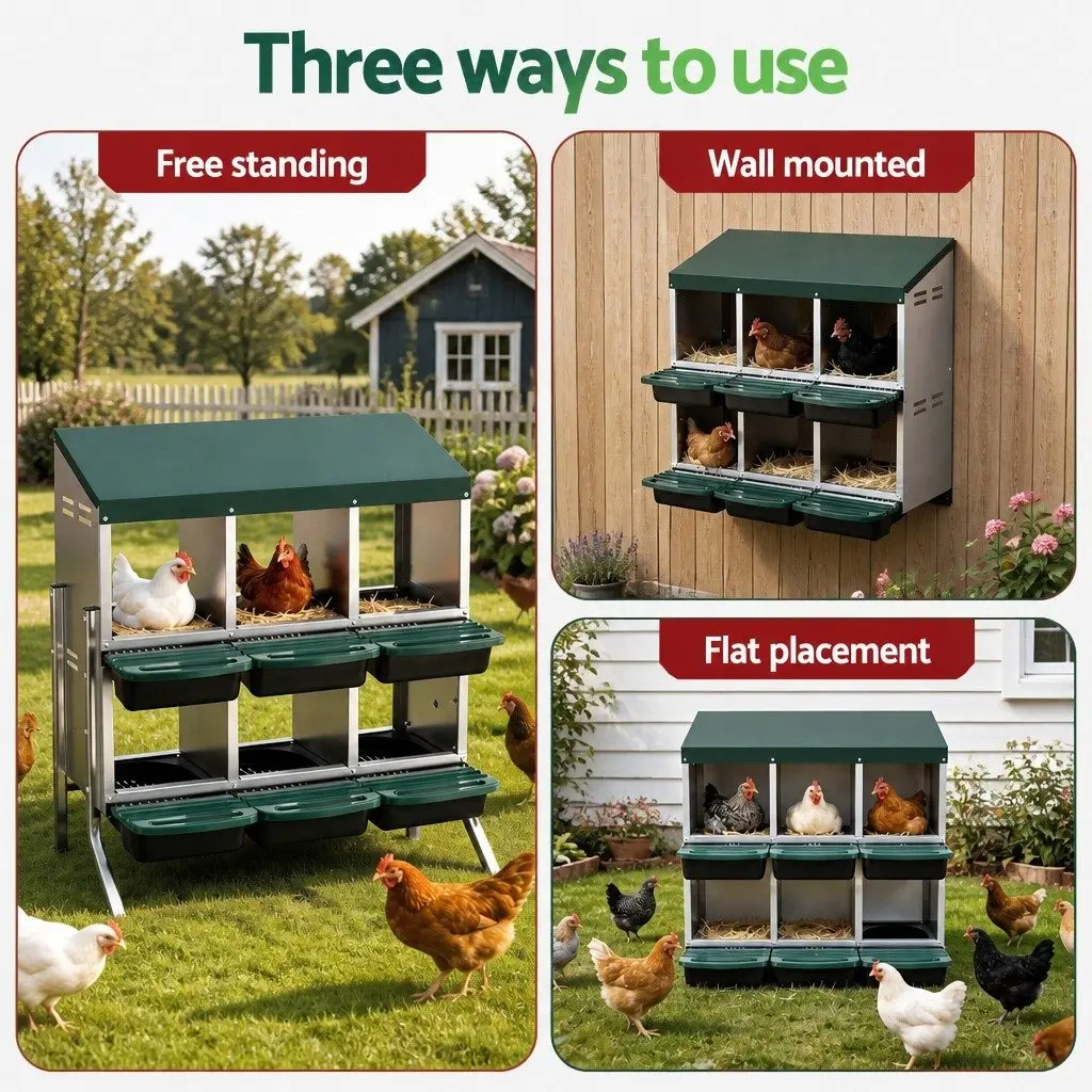 Chicken Nesting Box 6 Holes Roll Away Metal Wall Mounted Green Automatic Egg