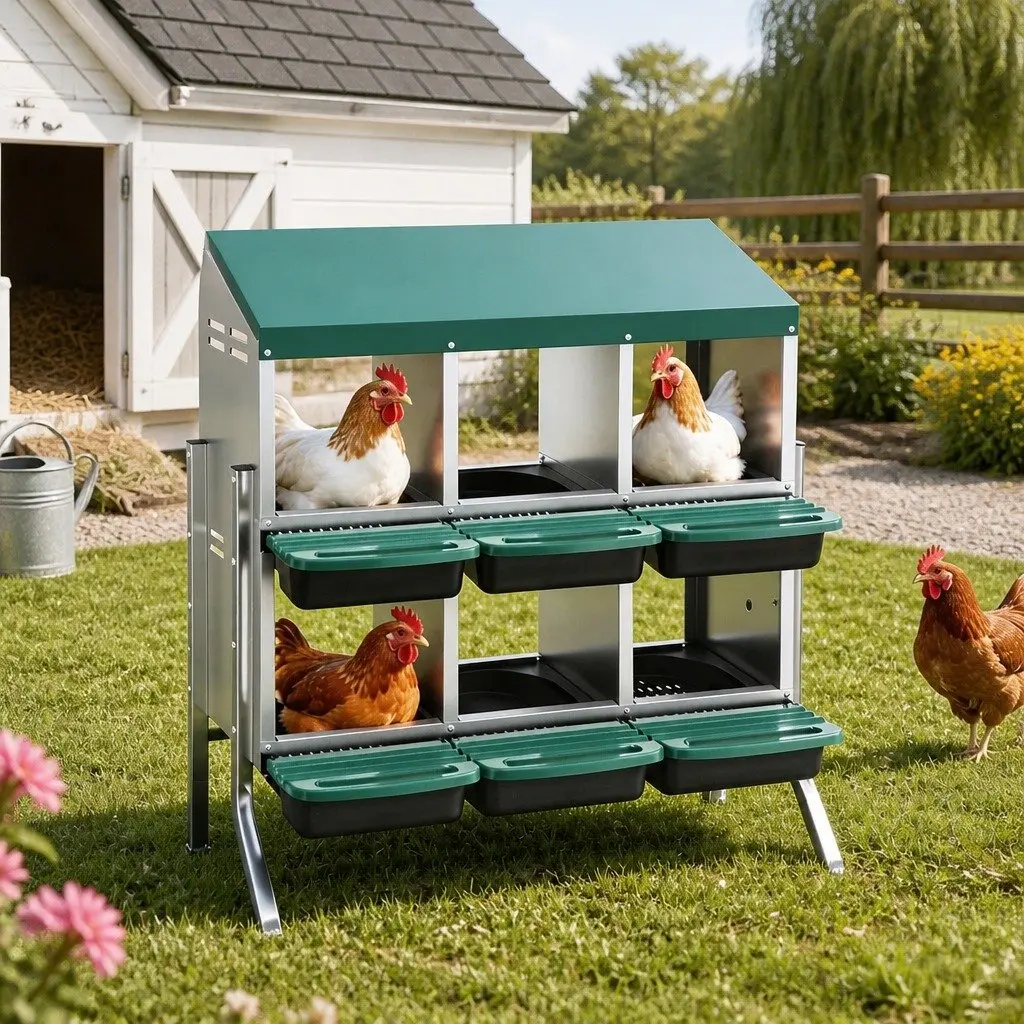 Chicken Nesting Box 6 Holes Roll Away Metal Wall Mounted Green Automatic Egg