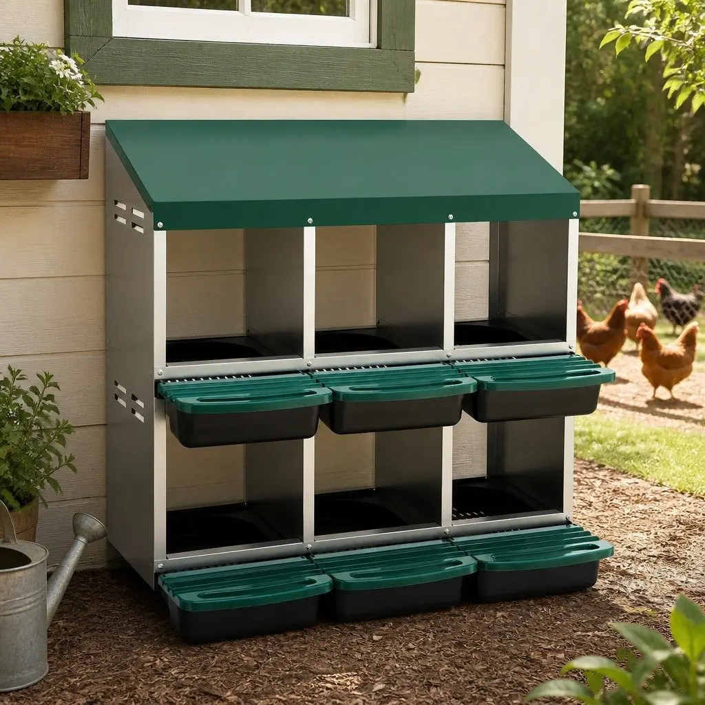 Chicken Nesting Box Green 6 Holes Roll Away Automatic Egg Collection Wall Mounted