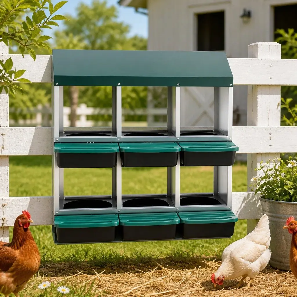 Chicken Nesting Box Green 6 Holes Roll Away Automatic Egg Collection Wall Mounted