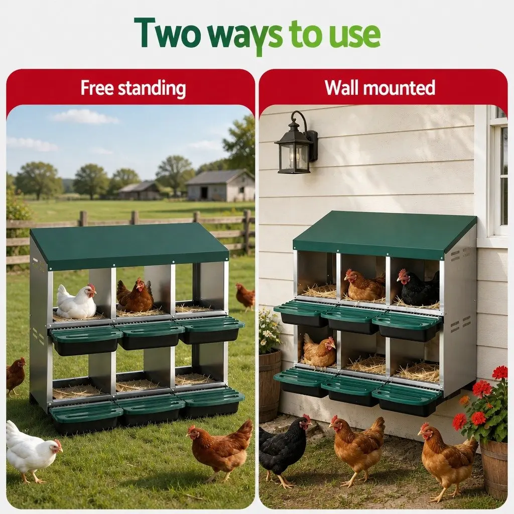 Chicken Nesting Box Green 6 Holes Roll Away Automatic Egg Collection Wall Mounted