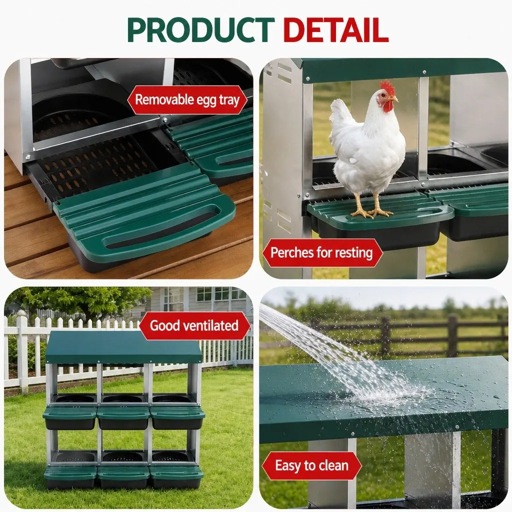 Chicken Nesting Box Green 6 Holes Roll Away Automatic Egg Collection Wall Mounted