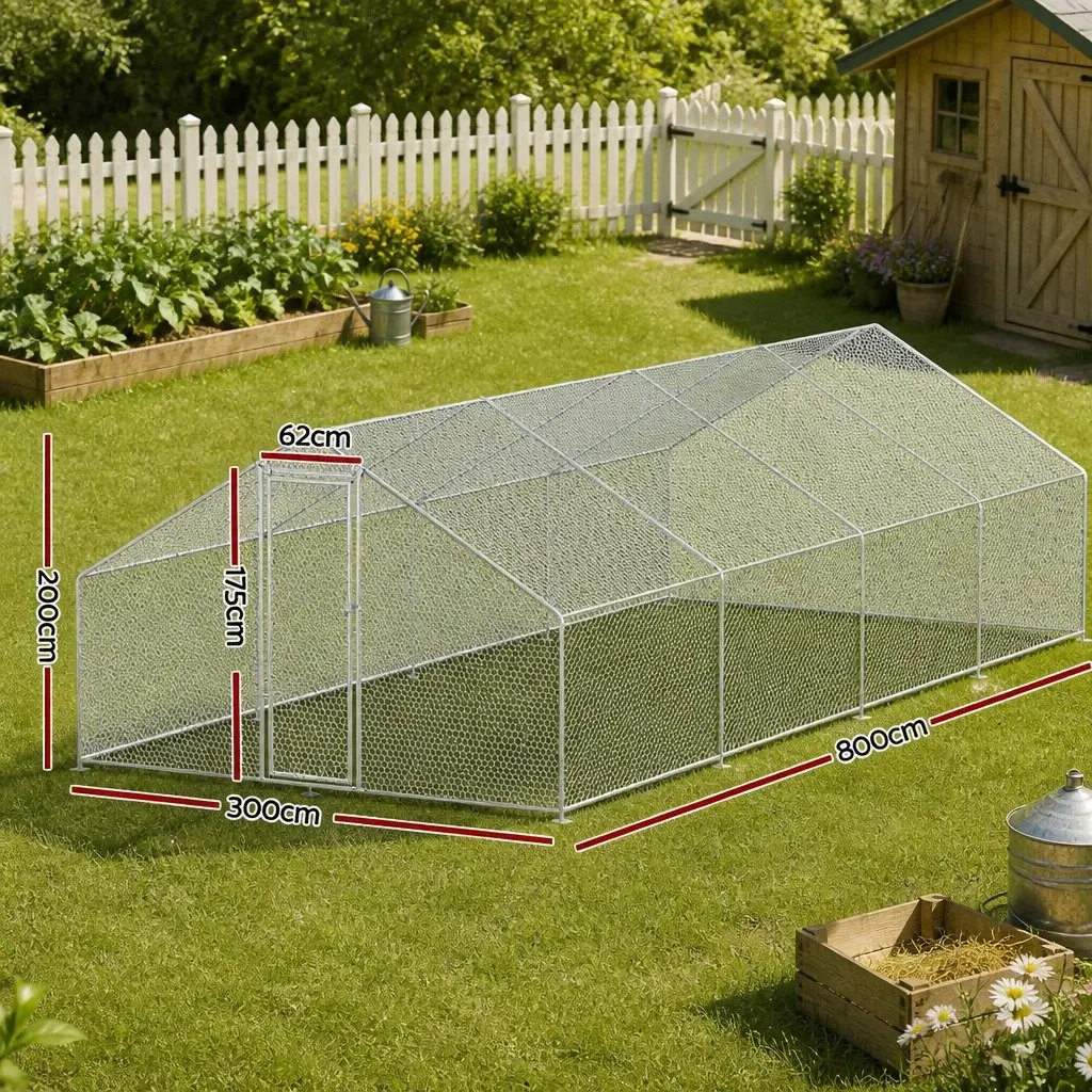 Chicken Coop Silver 3x8x2m Galvanised Steel Spacious Poultry Housing Run