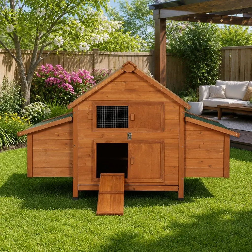 Large Wooden Chicken Coop Rabbit Hutch Brown Green 150cm with Ramp and Hatching Box