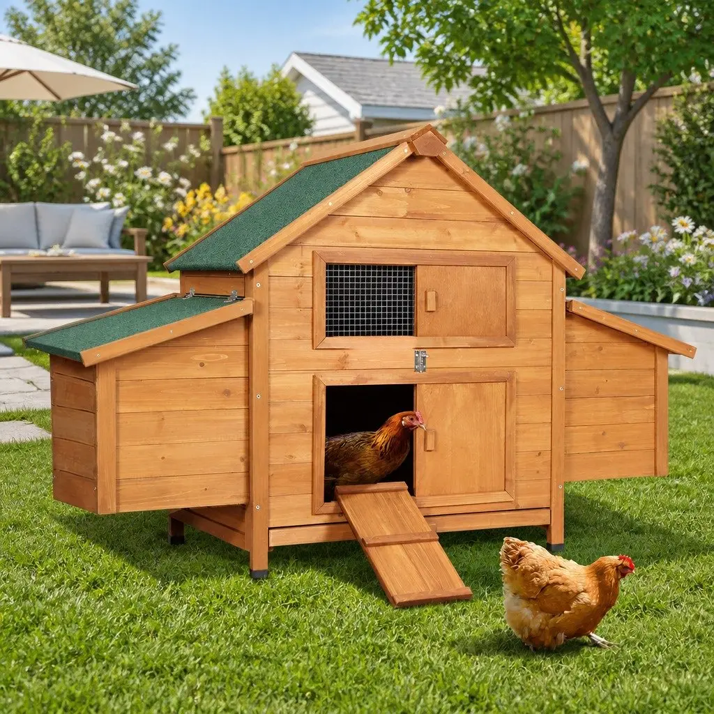 Large Wooden Chicken Coop Rabbit Hutch Brown Green 150cm with Ramp and Hatching Box